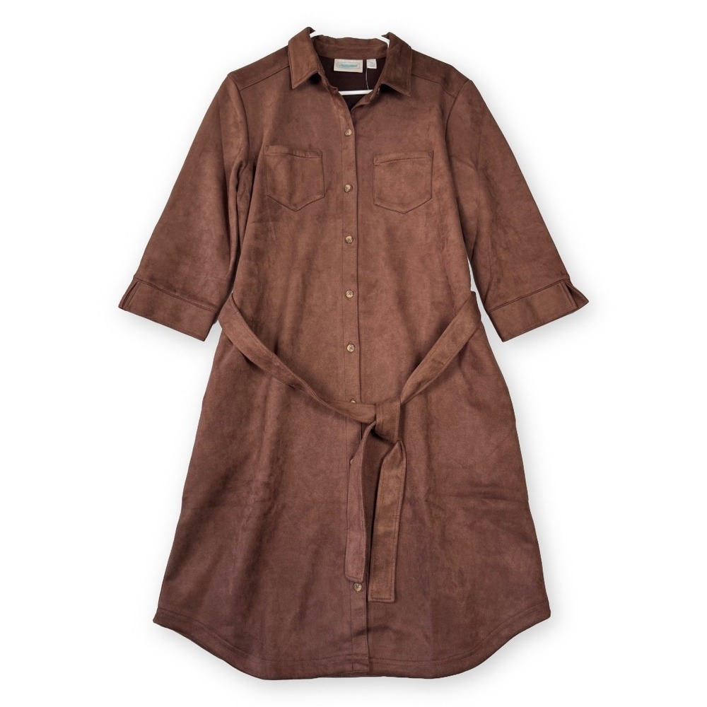 National Faux Suede Shirt Dress Brown Button Front Belted Midi Womens Medium